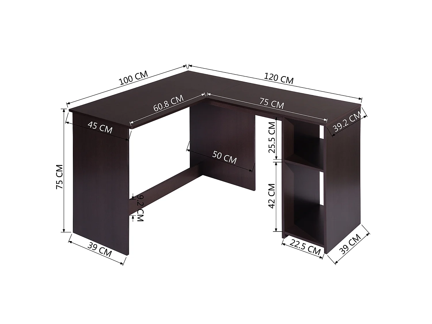 Bureau D'angle Avec Étagère 2 Niveaux L120 Cm Imitation Marron