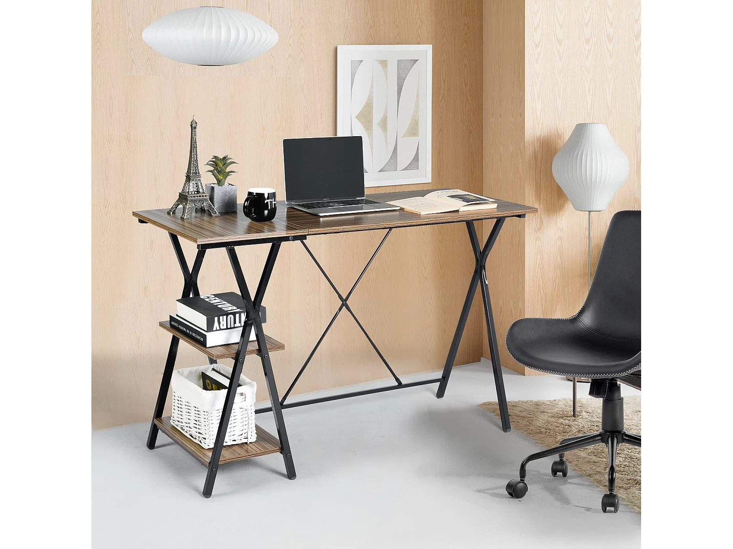 Bureau avec étagères intégrées Imitation Noyer Style Industriel, Maddie