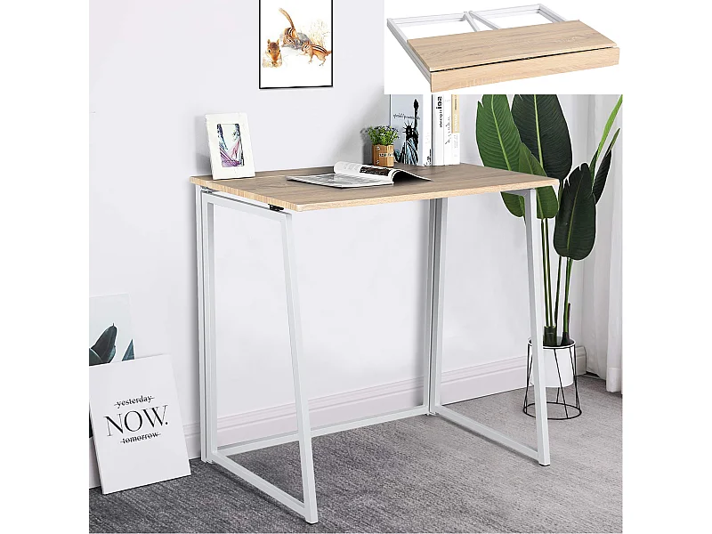 Bureau Pliable Imitation Chêne et métal Blanc Style Industriel