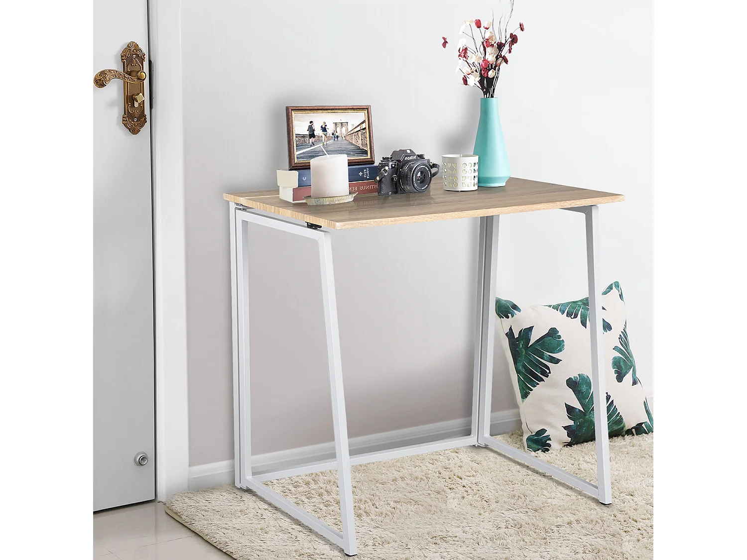 Bureau Pliable Imitation Chêne et métal Blanc Style Industriel