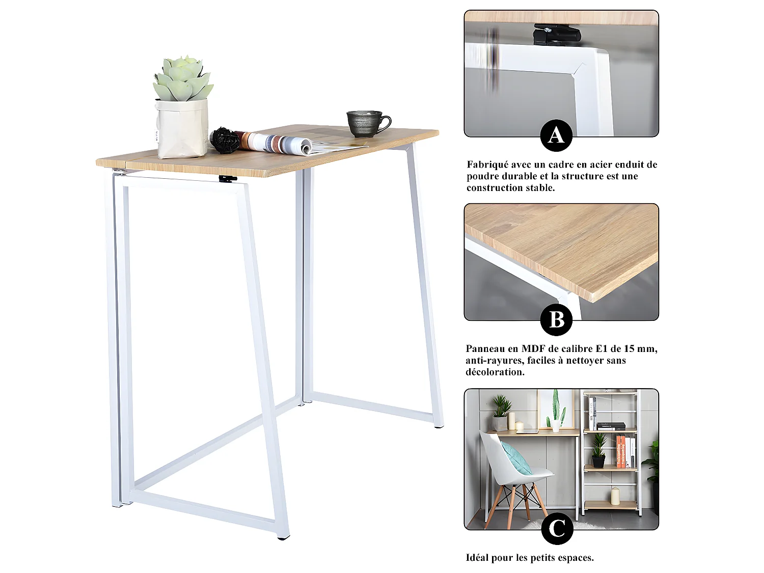 Bureau Pliable Imitation Chêne et métal Blanc Style Industriel