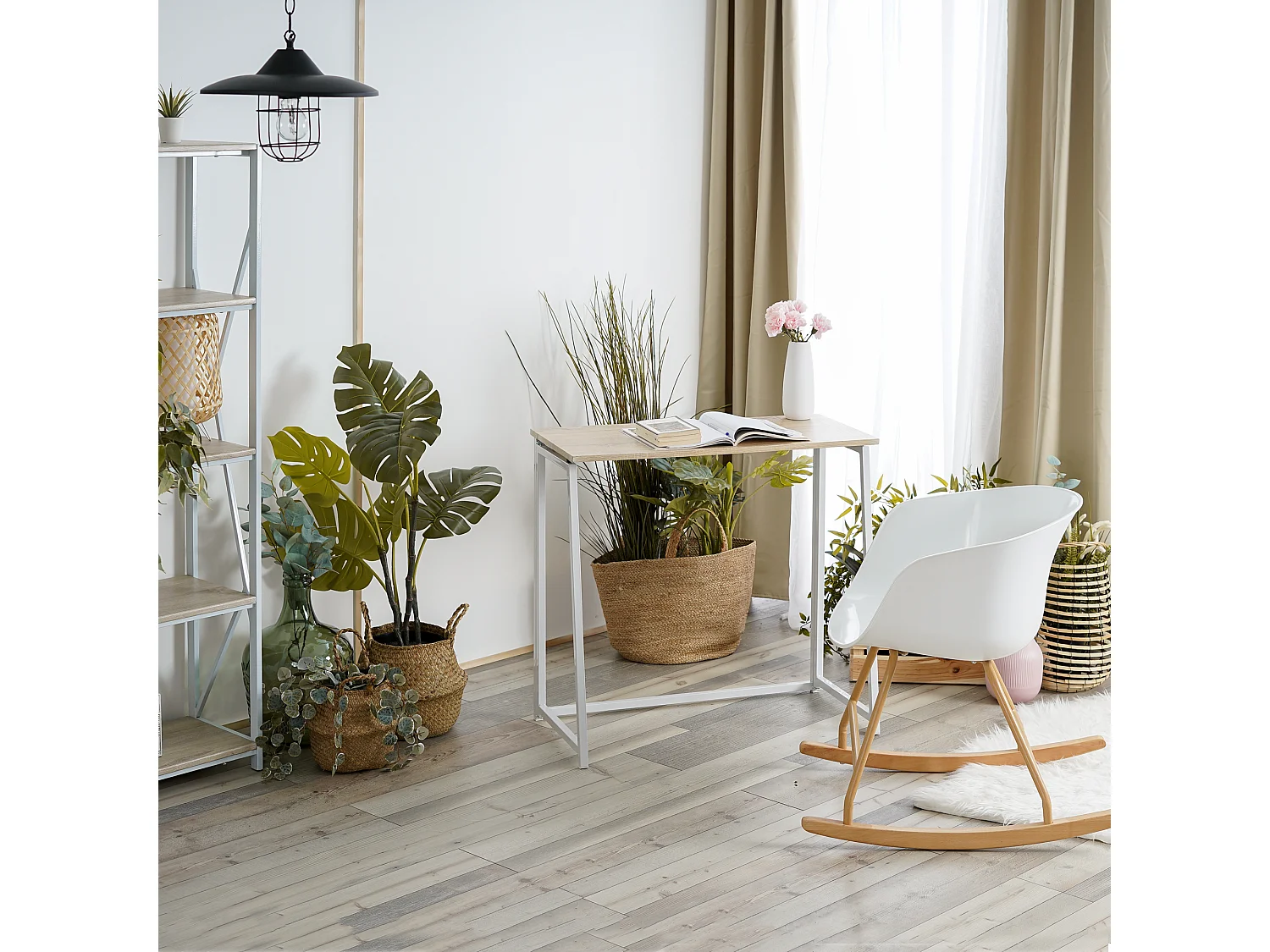 Bureau Pliable Imitation Chêne et métal Blanc Style Industriel