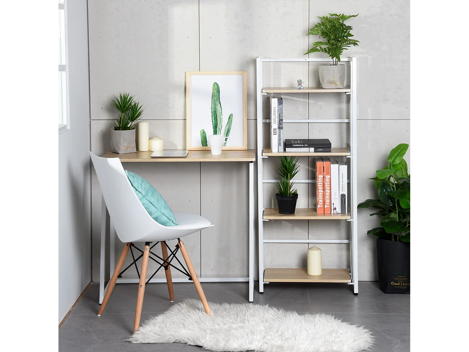 Bureau Pliable Imitation Chêne et métal Blanc Style Industriel