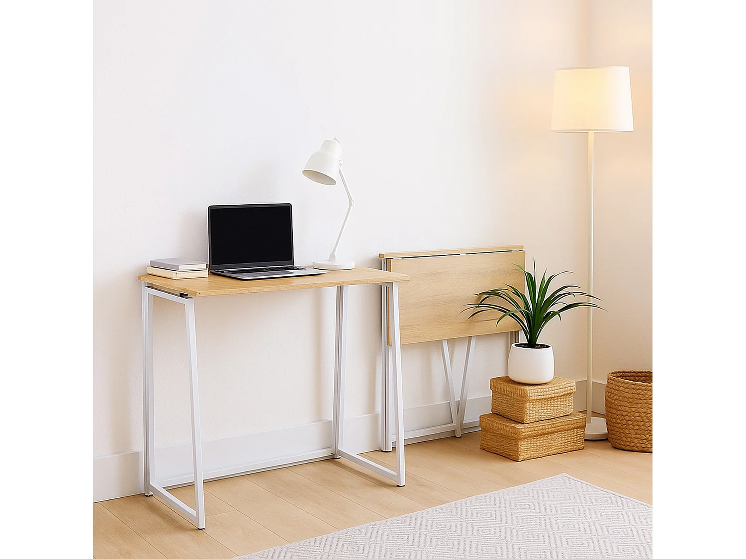 Bureau Pliable Imitation Chêne et métal Blanc Style Industriel