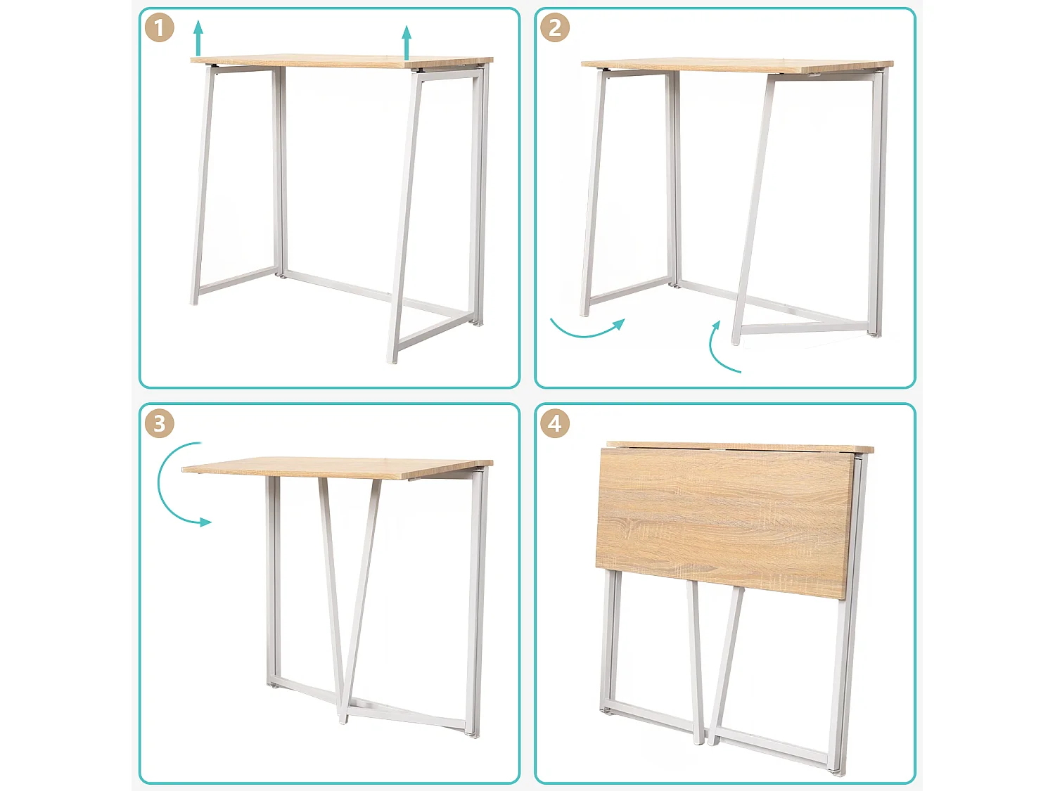 Bureau Pliable Imitation Chêne et métal Blanc Style Industriel
