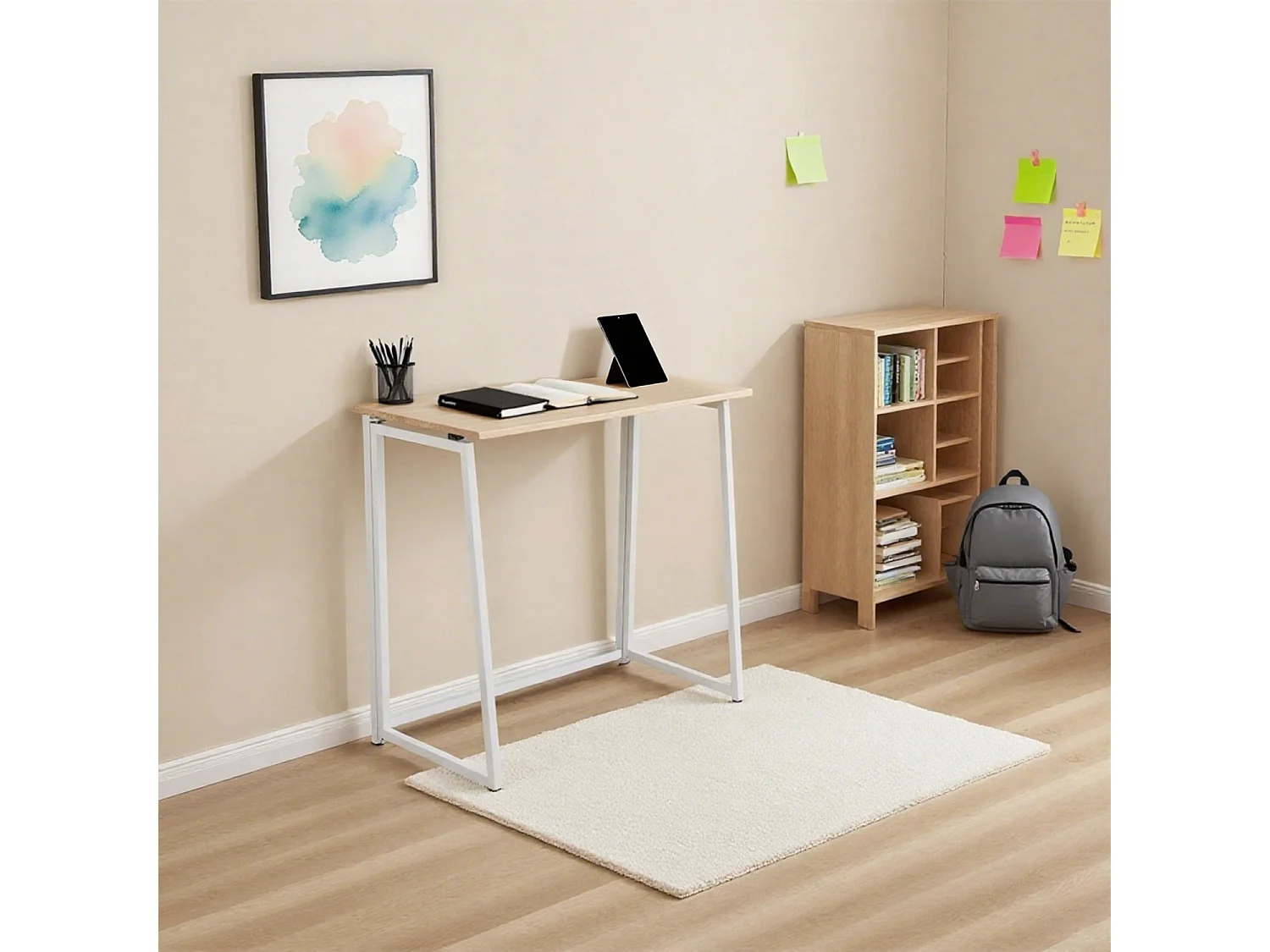 Bureau Pliable Imitation Chêne et métal Blanc Style Industriel