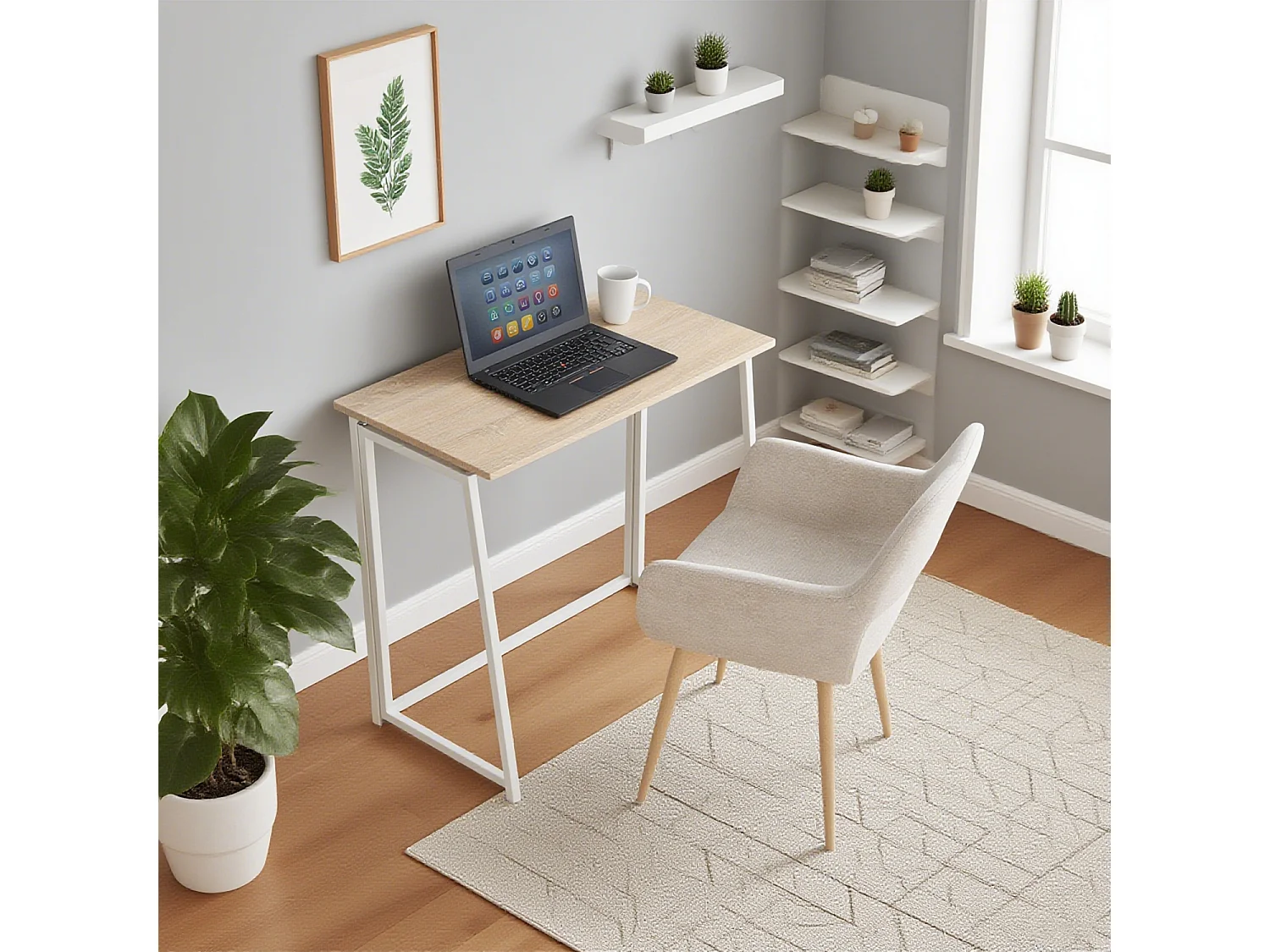 Bureau Pliable Imitation Chêne et métal Blanc Style Industriel