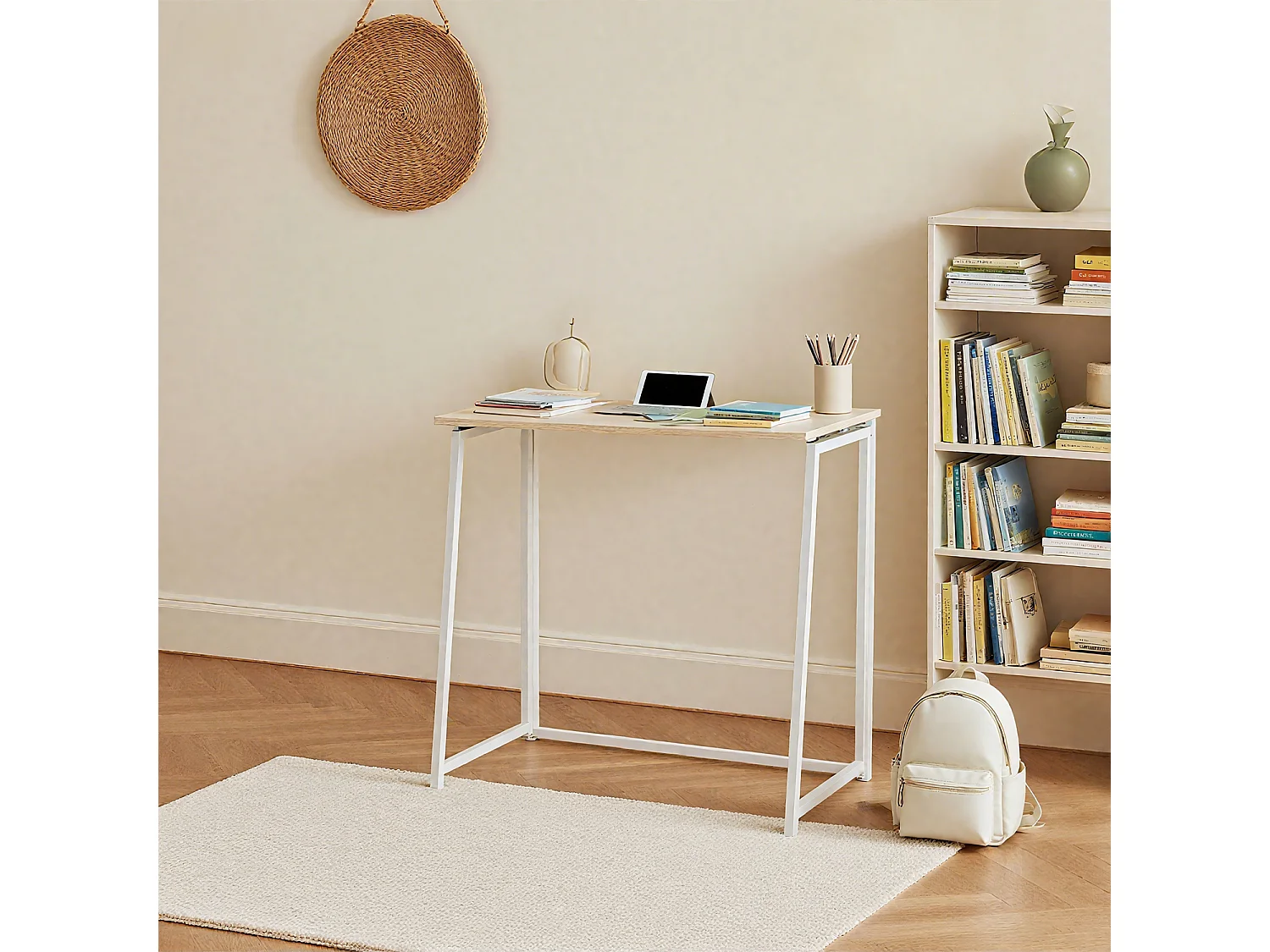 Bureau Pliable Imitation Chêne et métal Blanc Style Industriel