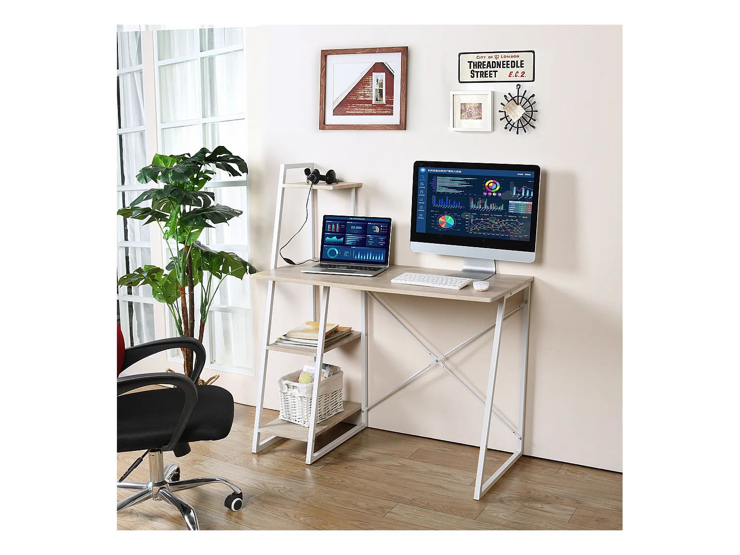 Bureau avec étagères Imitation Bois et Métal Blanc