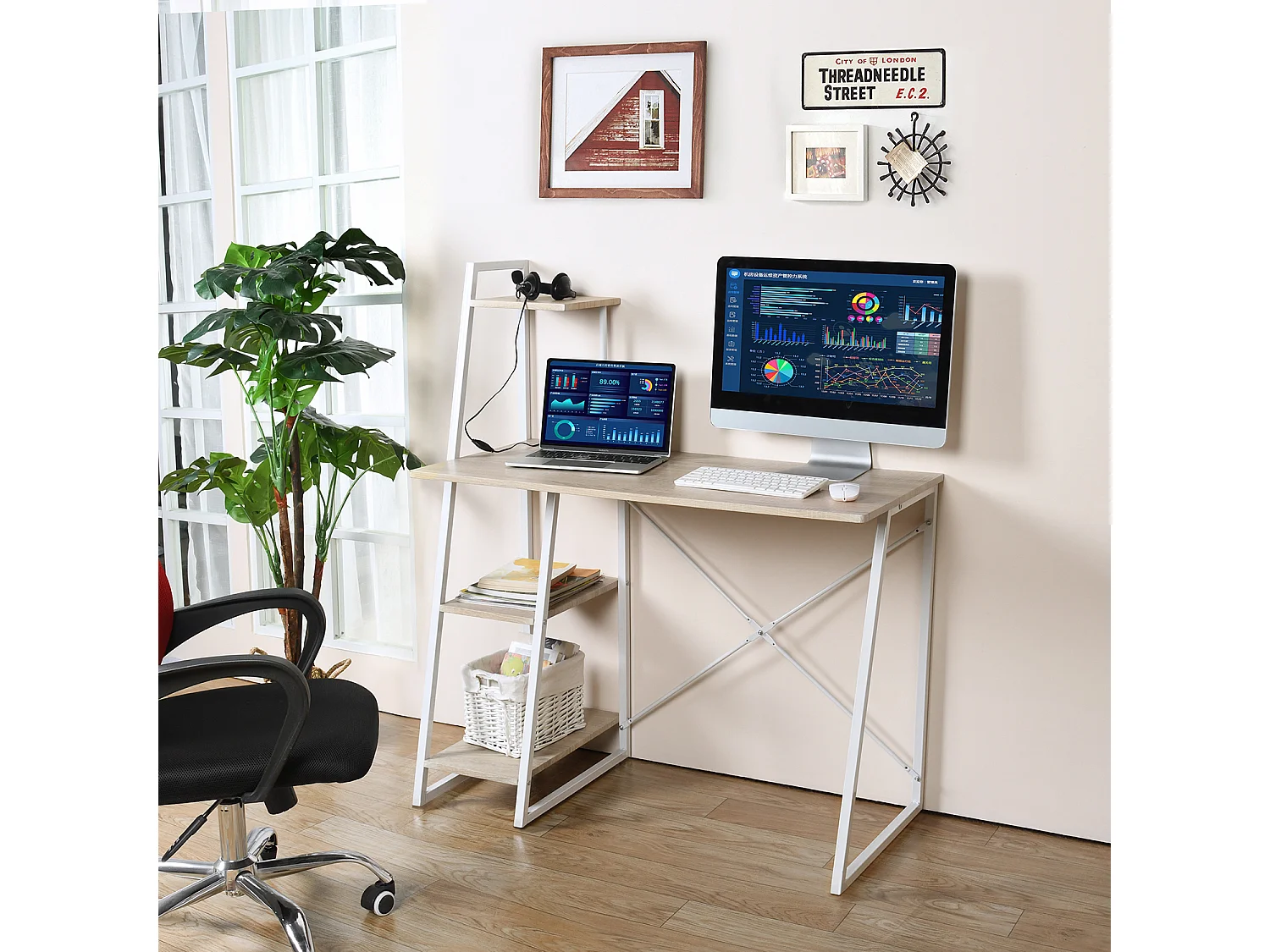 Bureau avec étagères Imitation Bois et Métal Blanc