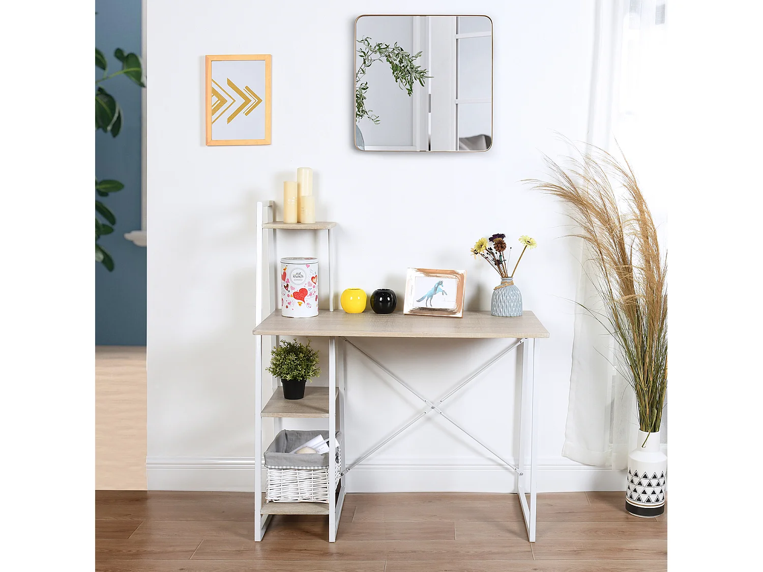 Bureau avec étagères Imitation Bois et Métal Blanc