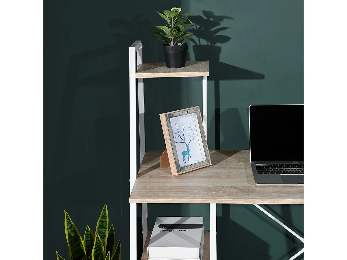 Bureau avec étagères Imitation Bois et Métal Blanc