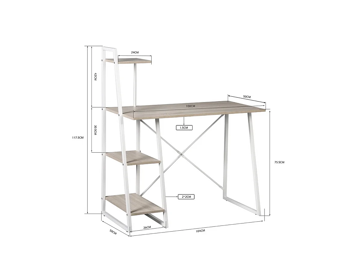 Bureau avec étagères Imitation Bois et Métal Blanc