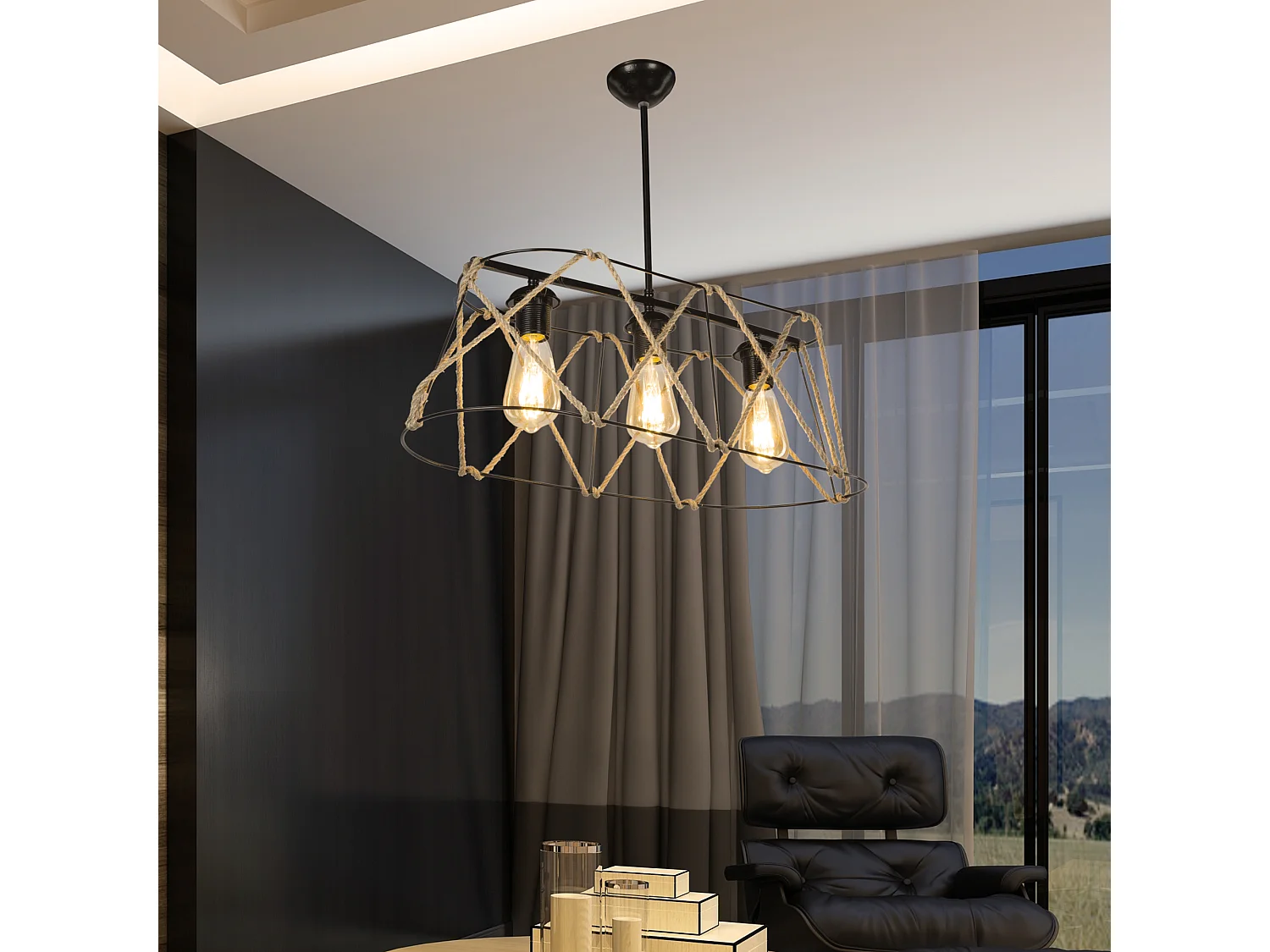 Suspension Harrogate en métal et corde de jute 60 cm 3 x E27 [lux.pro]