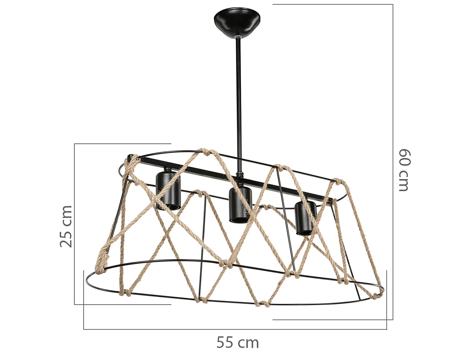 Suspension Harrogate en métal et corde de jute 60 cm 3 x E27 [lux.pro]