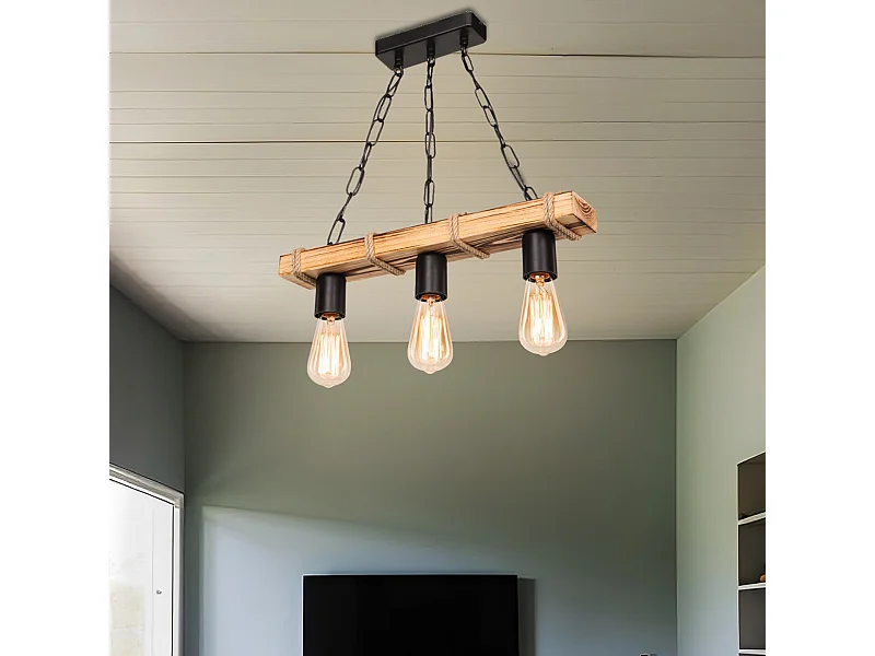 Suspension Hemel en métal bois corde de jute hauteur 60 cm 3 x E27 [lux.pro]