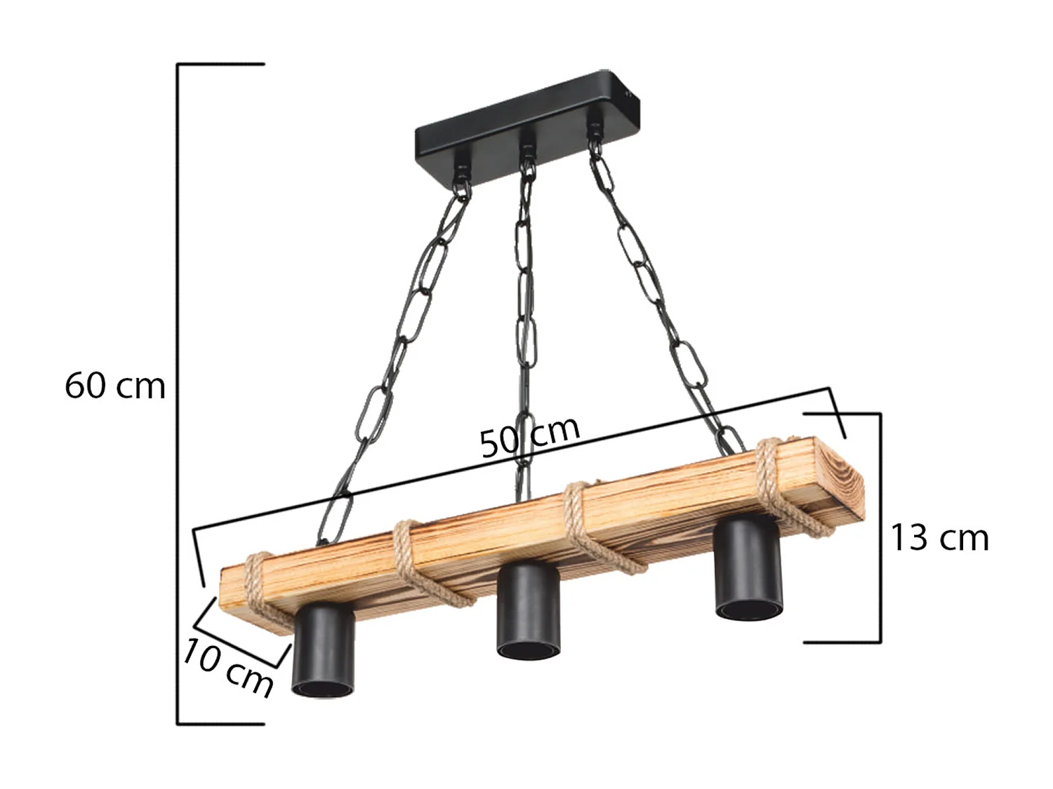 Suspension Hemel en métal bois corde de jute hauteur 60 cm 3 x E27 [lux.pro]