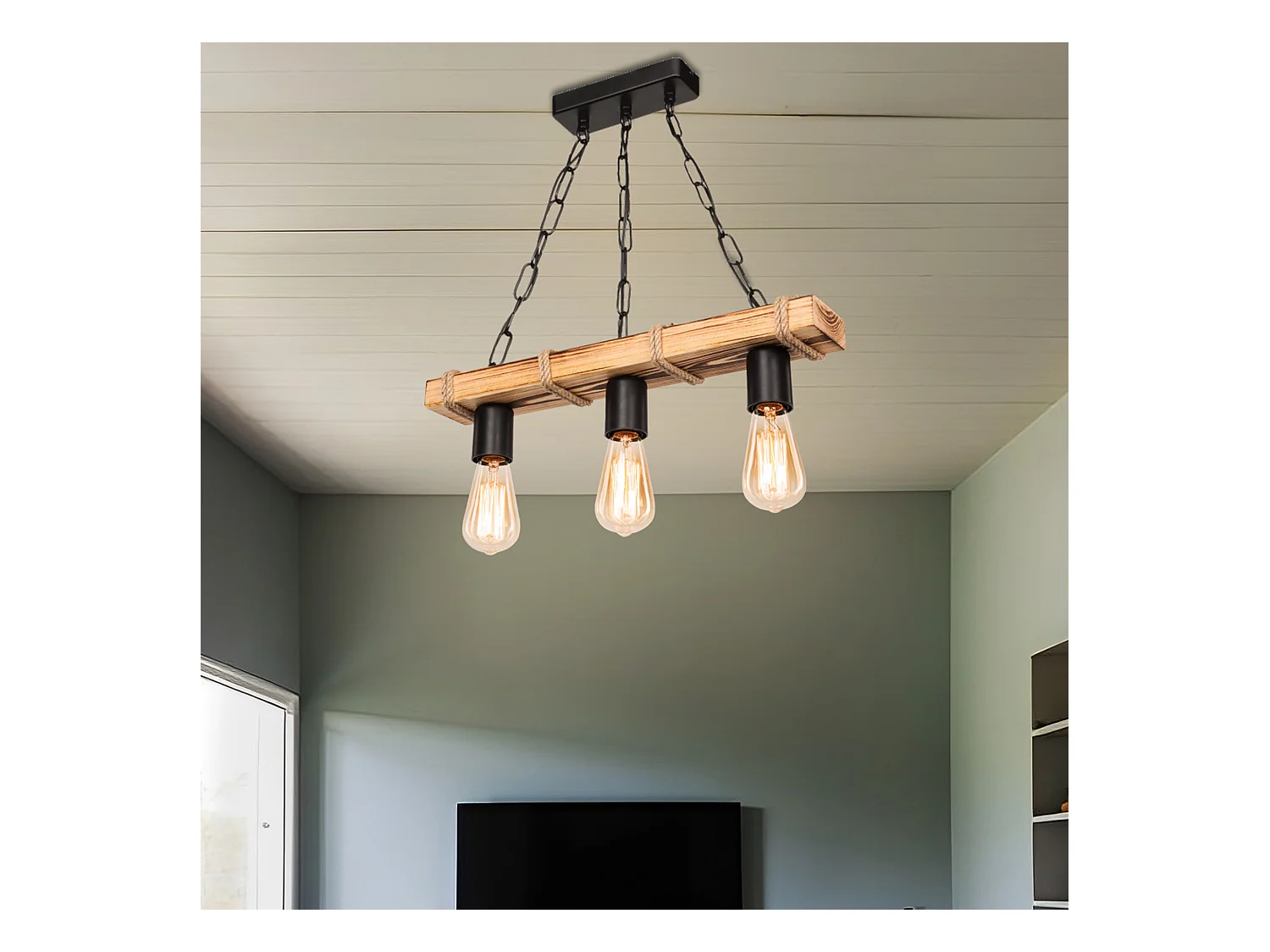 Suspension Hemel en métal bois corde de jute hauteur 60 cm 3 x E27 [lux.pro]