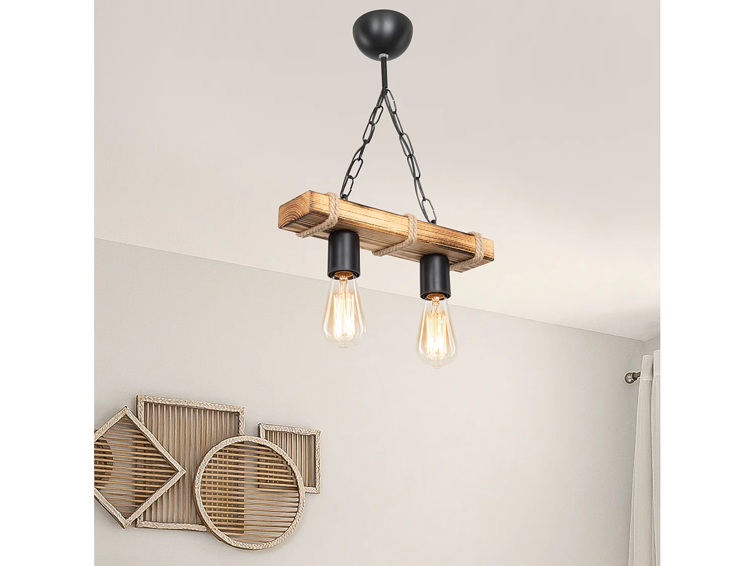 Suspension Hemel en métal bois corde de jute hauteur 44 cm 2 x E27 [lux.pro]