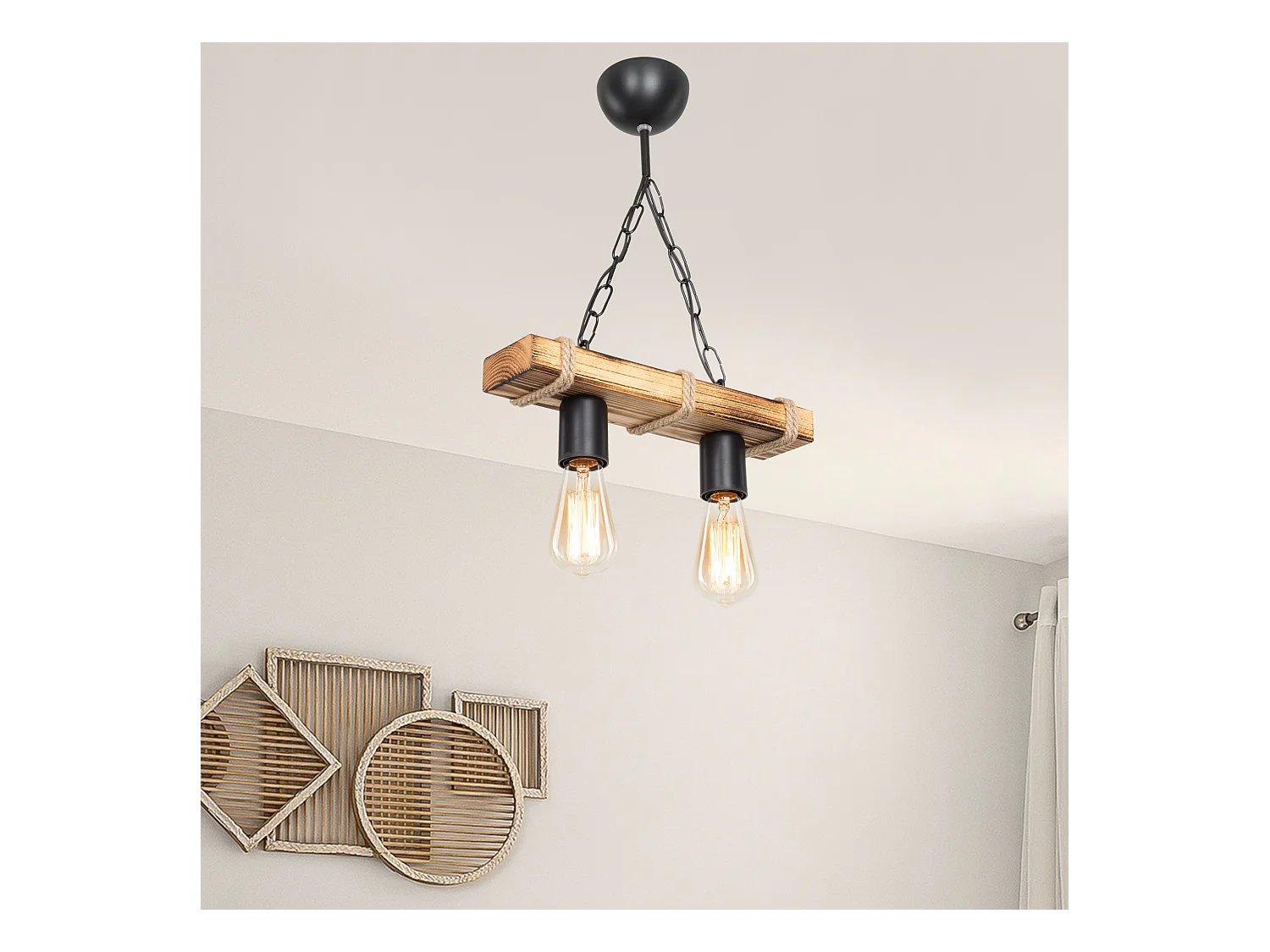 Suspension Hemel en métal bois corde de jute hauteur 44 cm 2 x E27 [lux.pro]
