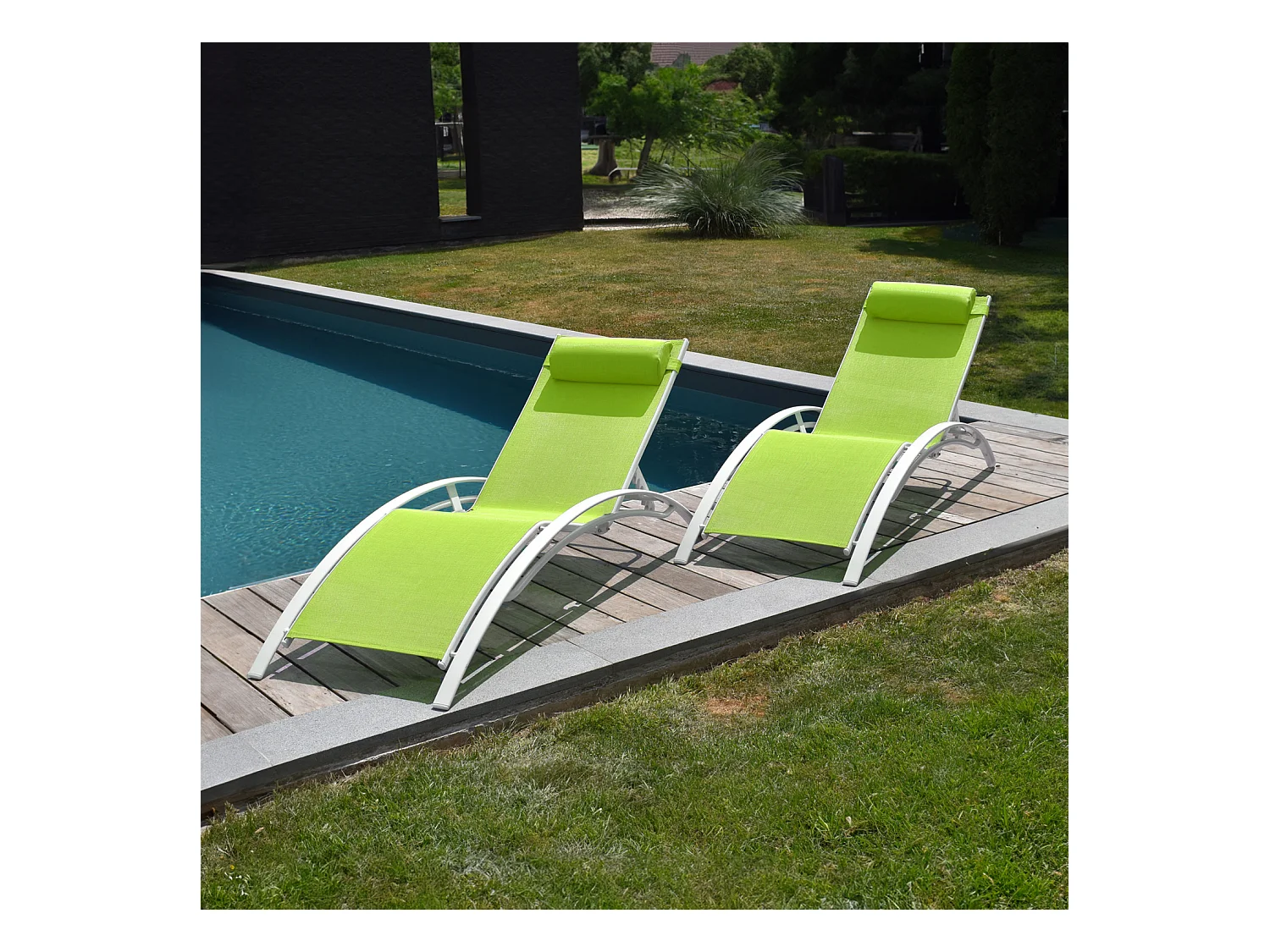 Lot de 2 transats GALAPAGOS en textilène vert - aluminium blanc - HAPPY GARDEN