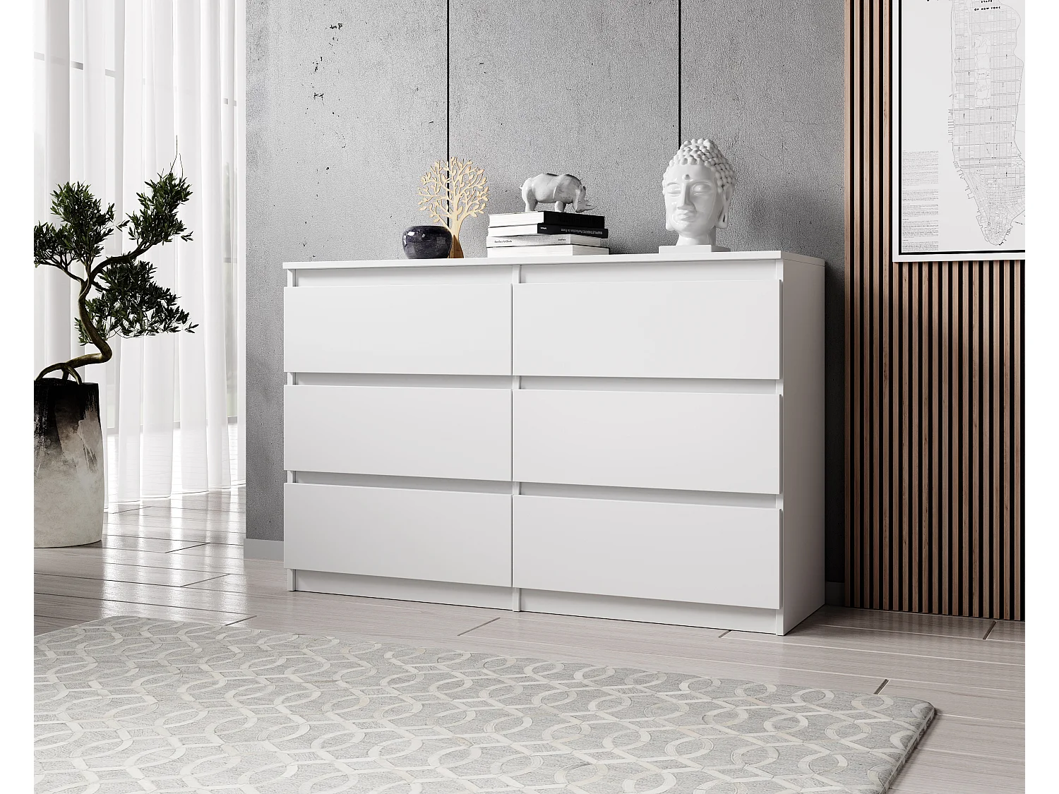 FURNIX commode/ meuble de rangement Arenal avec 6 tiroirs 119 x 35 x 77 cm blanc style moderne