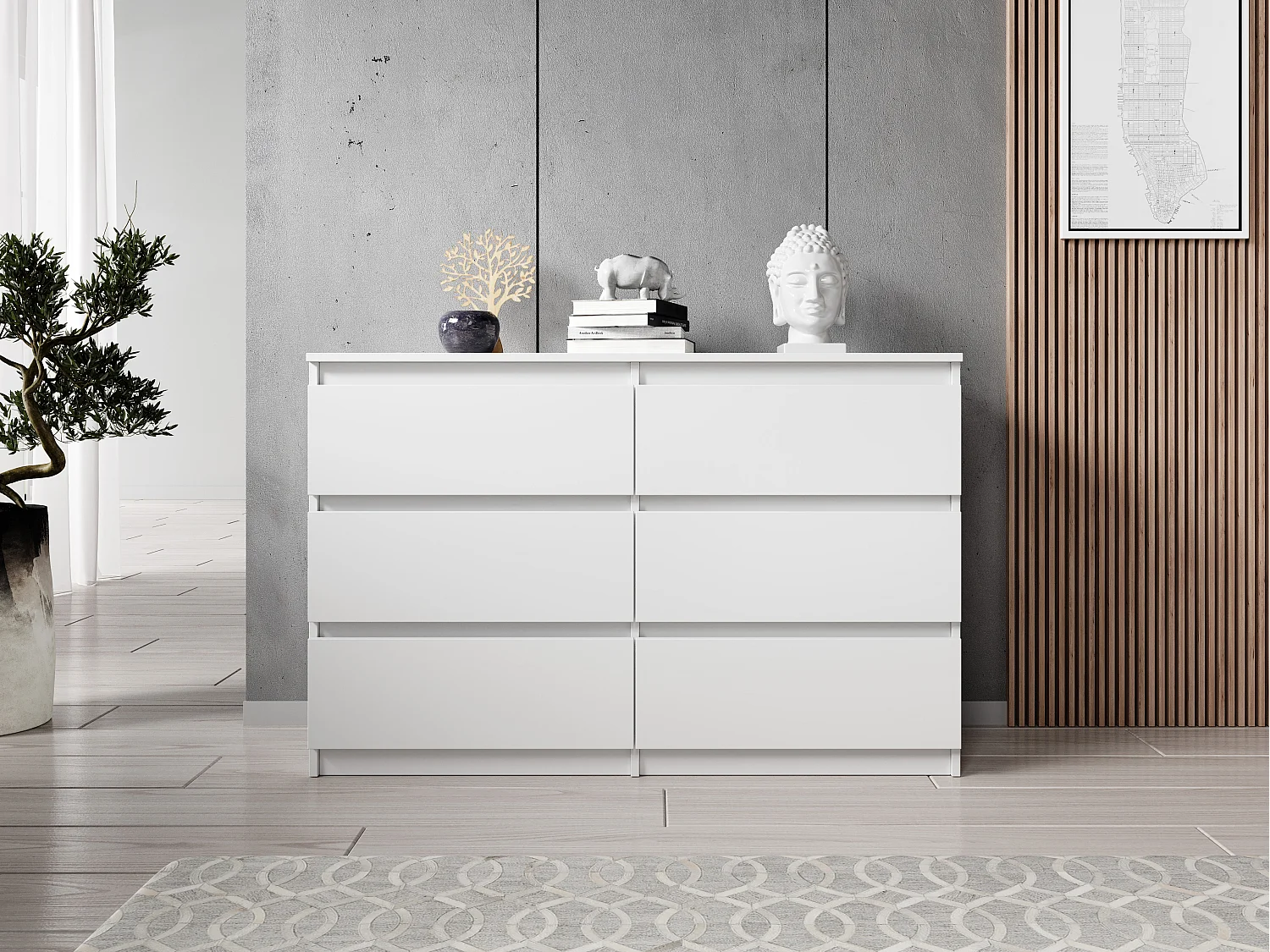 FURNIX commode/ meuble de rangement Arenal avec 6 tiroirs 119 x 35 x 77 cm blanc style moderne