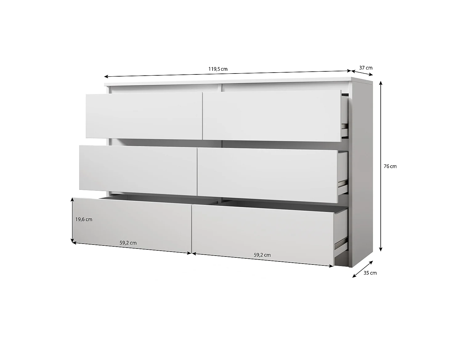 FURNIX commode/ meuble de rangement Arenal avec 6 tiroirs 119 x 35 x 77 cm blanc style moderne