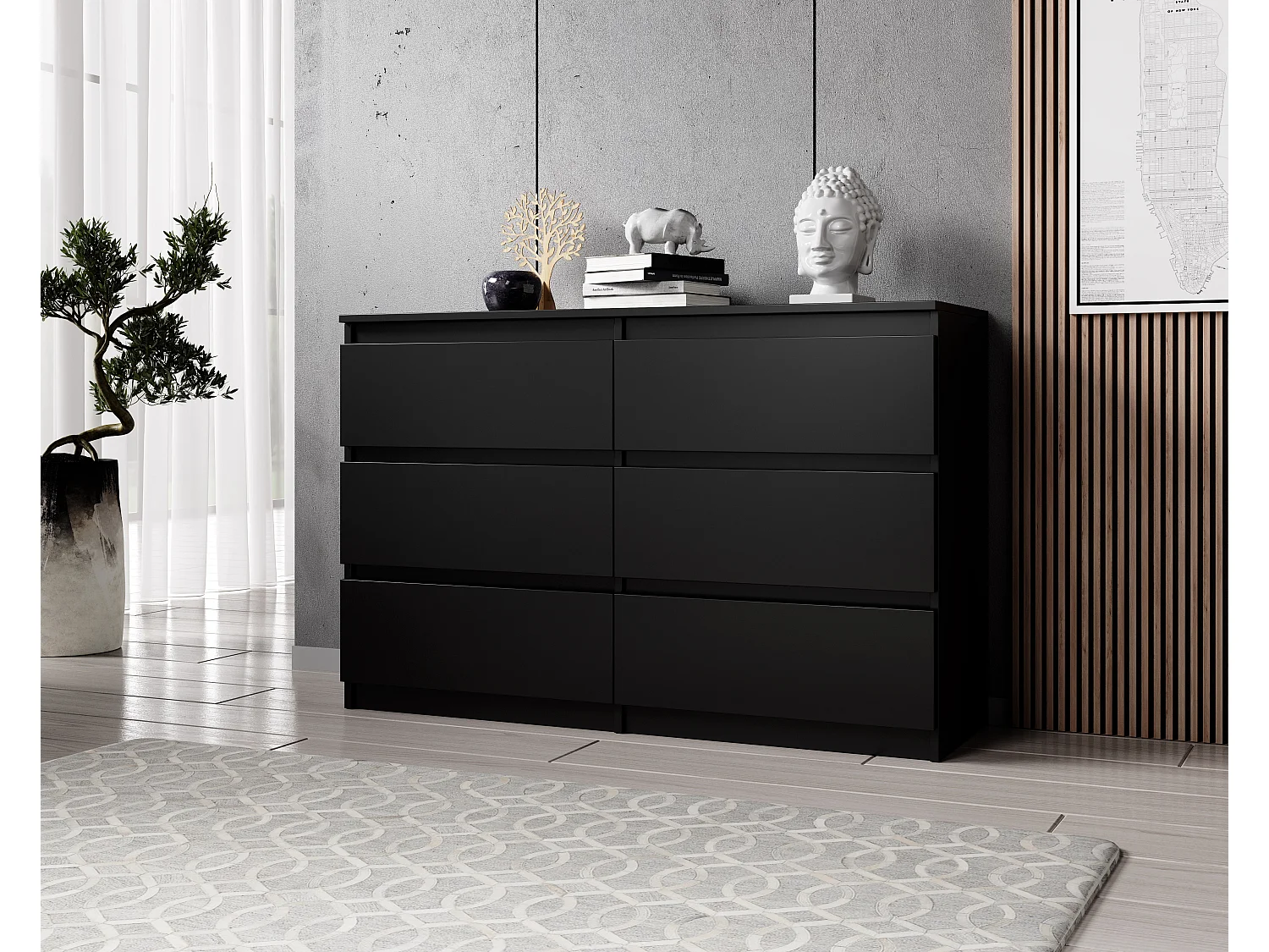 FURNIX commode/ meuble de rangement Arenal avec 6 tiroirs 120 x 37 x 76 cm noir mat style moderne