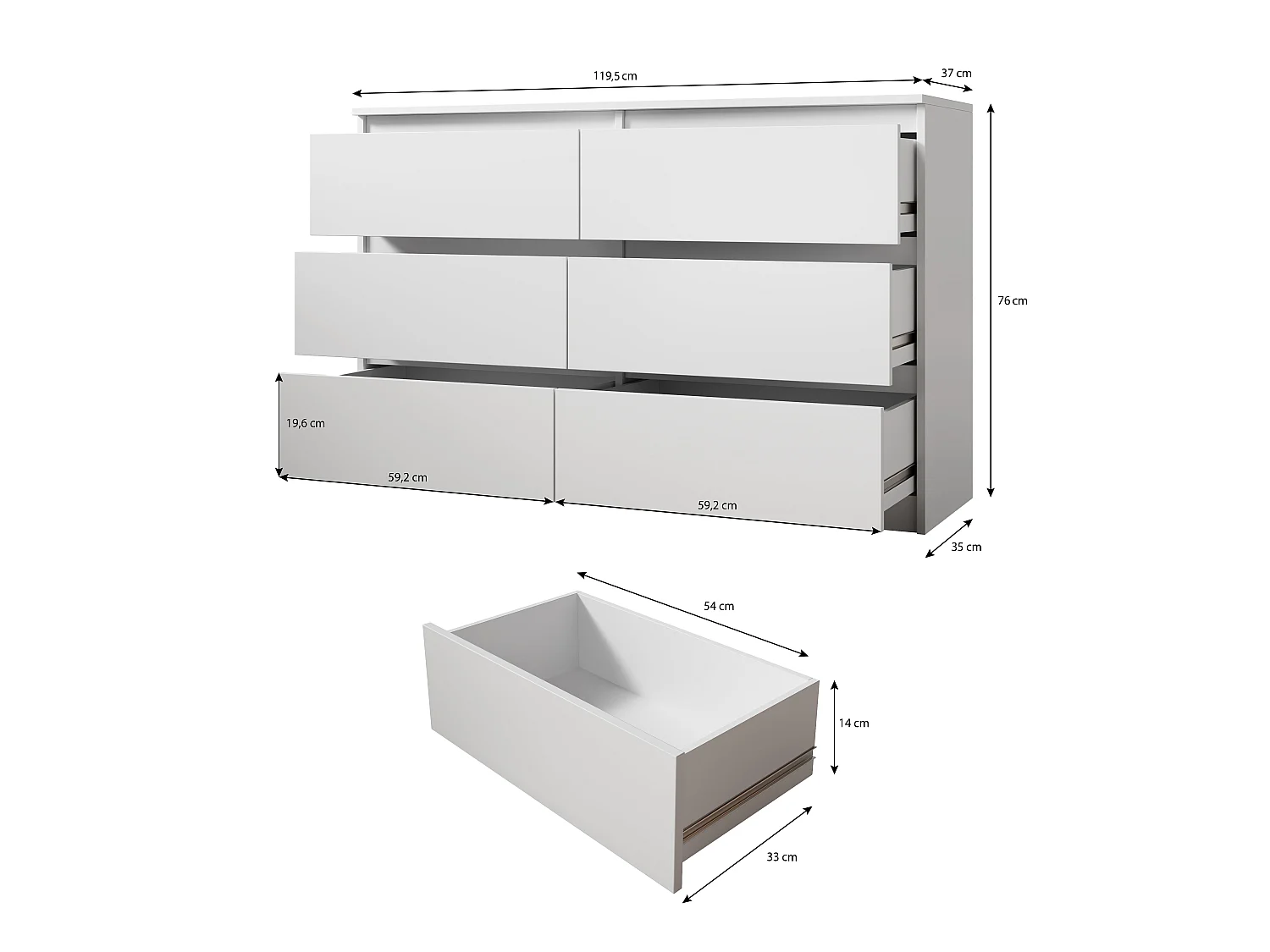 FURNIX commode/ meuble de rangement Arenal avec 6 tiroirs 120 x 37 x 76 cm noir mat style moderne