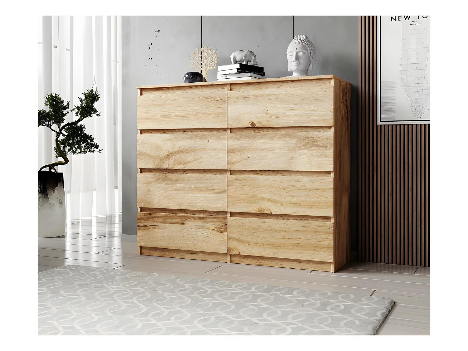 FURNIX commode/ meuble de rangement Arenal avec 8 tiroirs 120 x 37 x 98 cm chêne wotan style moderne