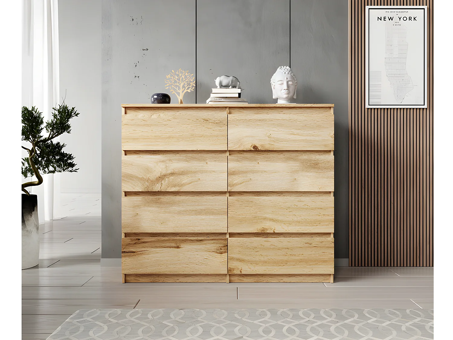 FURNIX commode/ meuble de rangement Arenal avec 8 tiroirs 120 x 37 x 98 cm chêne wotan style moderne