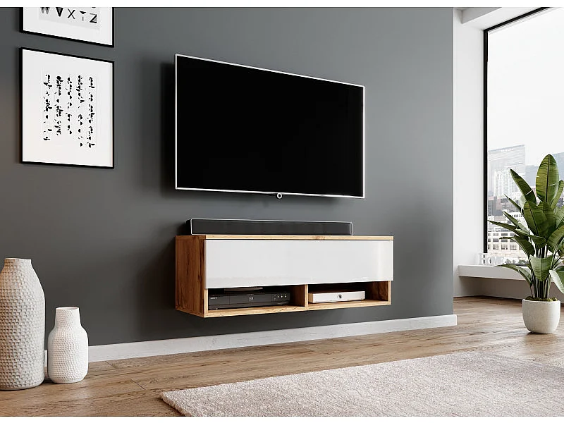 FURNIX meuble tv/ meuble tv suspendu Alyx 100 x 32 x 34 cm style industriel chêne wotan mat/ blanc brillant sans LED