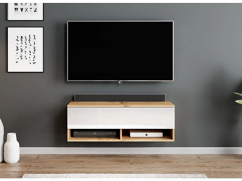 FURNIX meuble tv/ meuble tv suspendu Alyx 100 x 32 x 34 cm style industriel chêne wotan mat/ blanc brillant sans LED