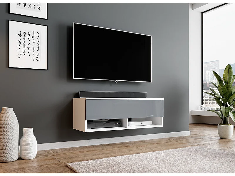 FURNIX meuble tv/ meuble tv suspendu Alyx 100 x 32 x 34 cm style industriel blanc mat/ gris brillant sans LED
