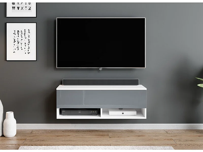 FURNIX meuble tv/ meuble tv suspendu Alyx 100 x 32 x 34 cm style industriel blanc mat/ gris brillant sans LED
