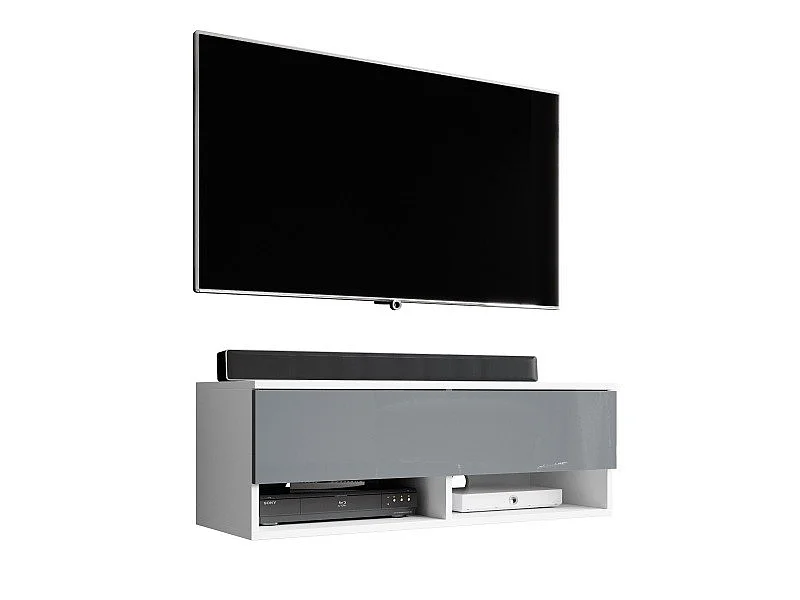 FURNIX meuble tv/ meuble tv suspendu Alyx 100 x 32 x 34 cm style industriel blanc mat/ gris brillant sans LED