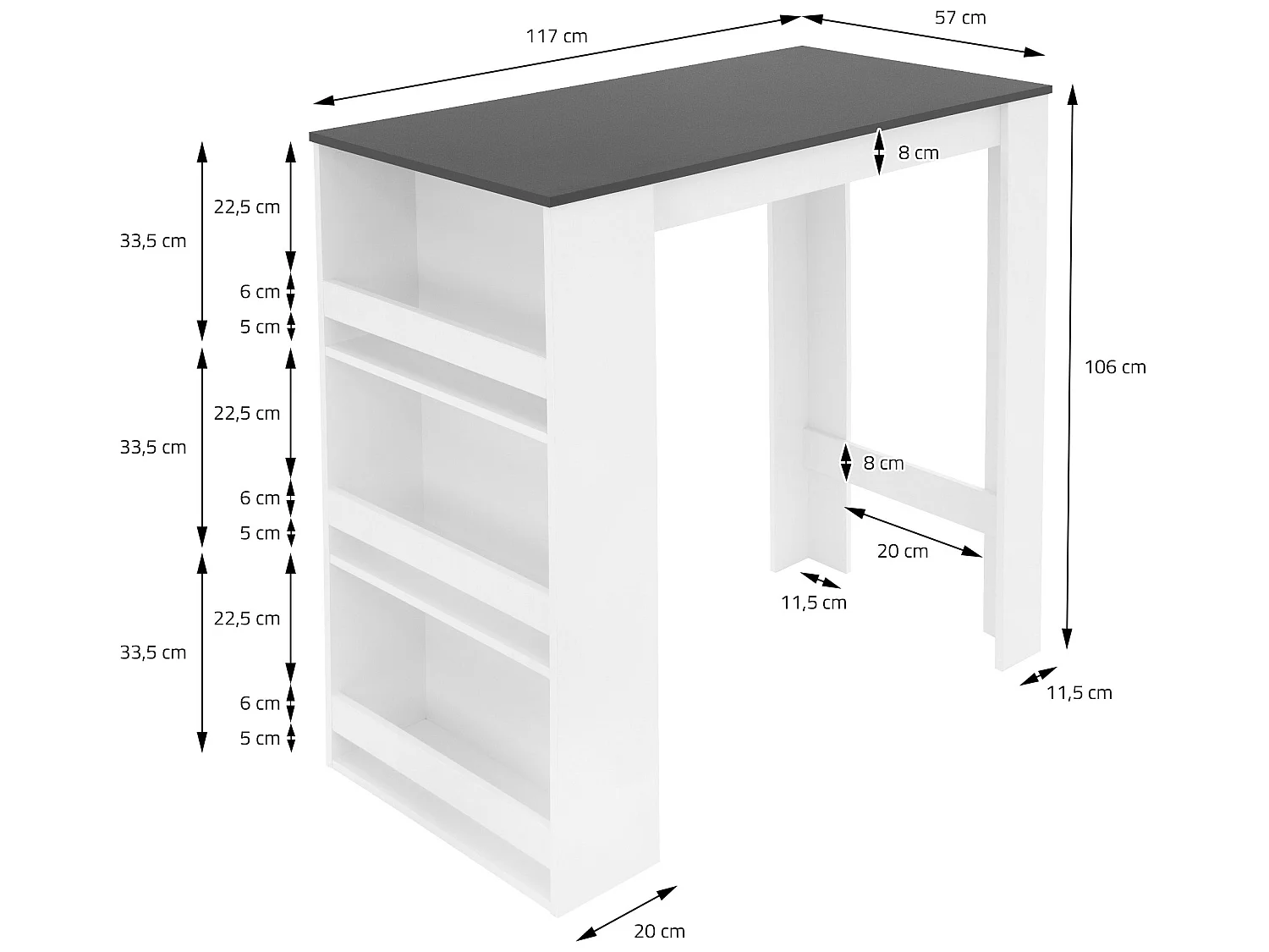 Table de bar blanc/anthracite 3 étagères rangement table de bistrot ML-DESIGN