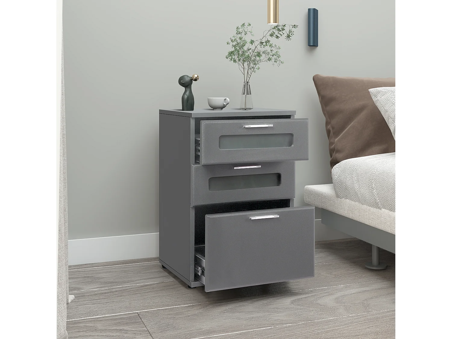 2x Comodino con 3 cassetti e 2 inserti in vetro grigio MDF ML-DESIGN