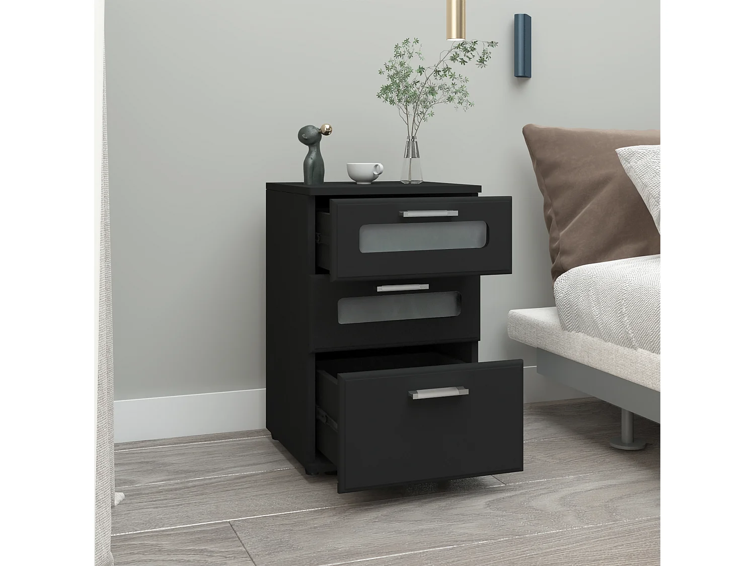 2x Table de nuit chevet avec 3 tiroirs et 2 inserts vitrés 40x60x38 cm ML-DESIGN