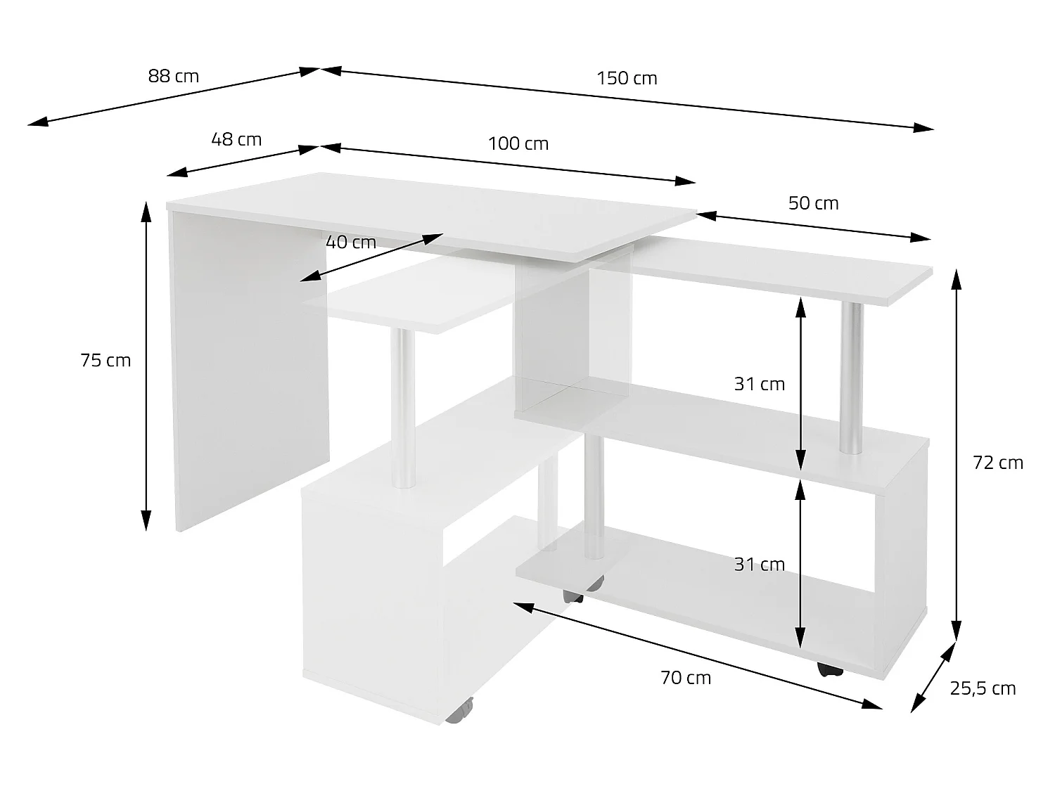 Escritorio de esquina blanco escritorio de ordenador giratorio 90° ML-DESIGN
