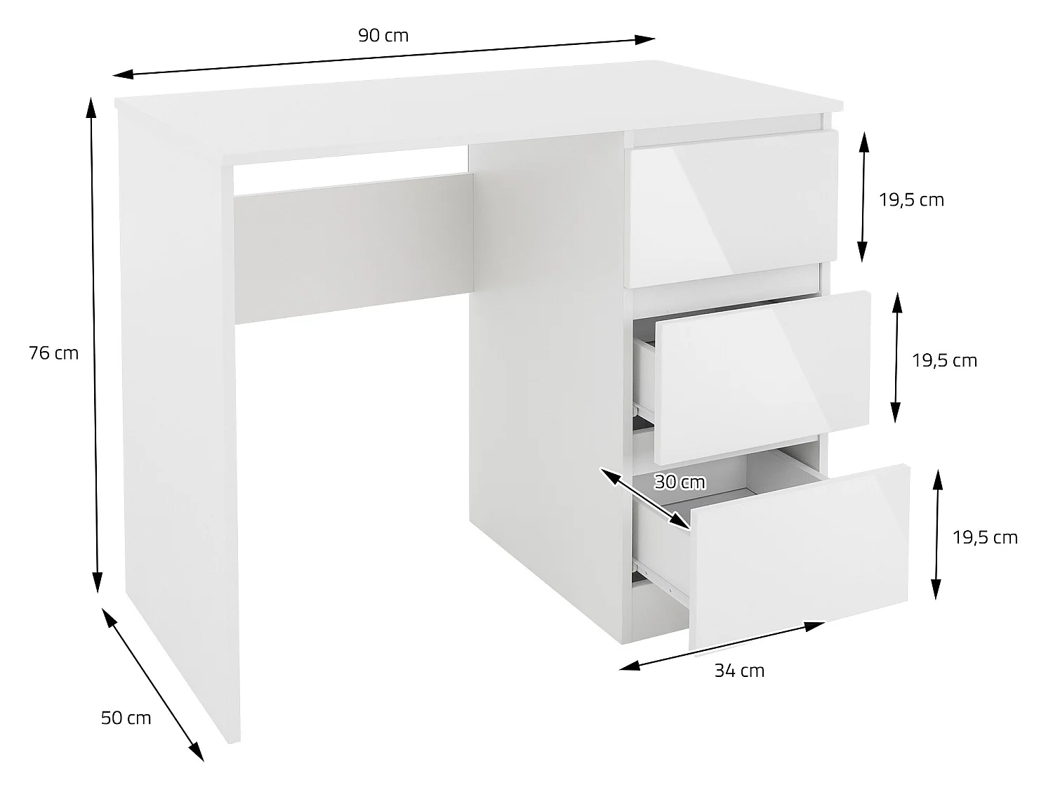 Mesa de ordenador con 3 cajones mesa de trabajo blanca ML-DESIGN