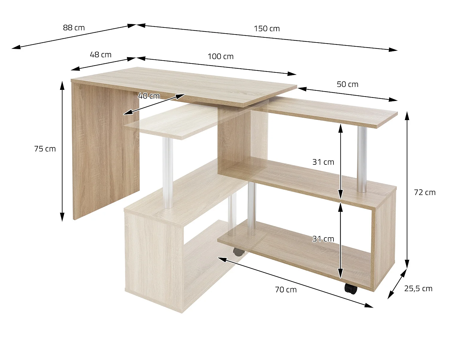 Scrivania angolare Sonoma tavolo da lavoro girevole a 90° ML-DESIGN
