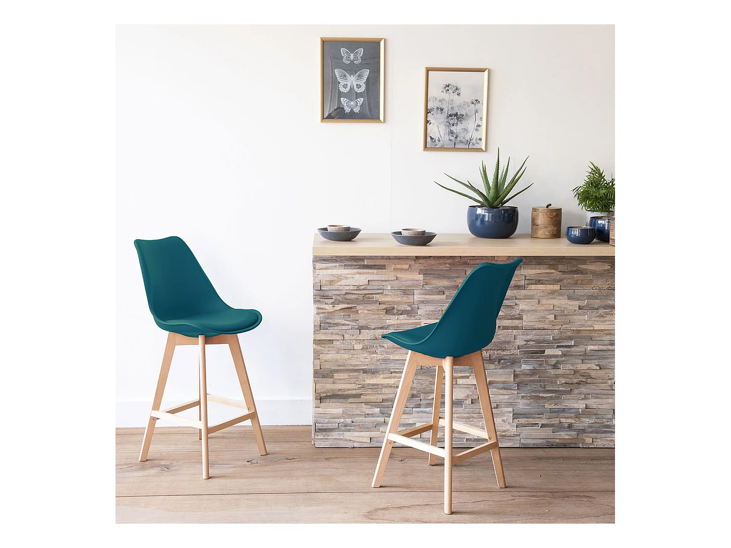 Lot de 2 tabourets scandinaves SVEN bleus avec coussin - HAPPY GARDEN