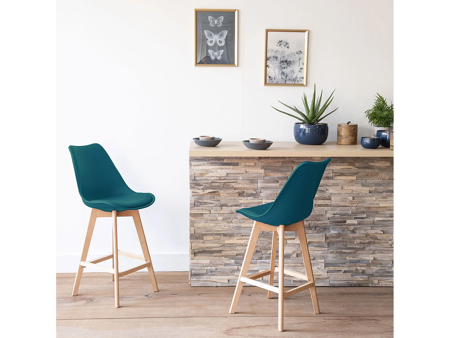 Lot de 2 tabourets scandinaves SVEN bleus avec coussin - HAPPY GARDEN