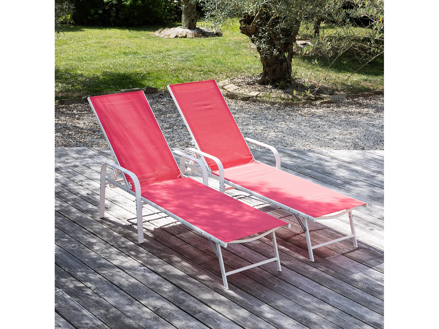 2er Set Sonnenliegen SARDINIA aus rosa Textilene - weißes Gestell