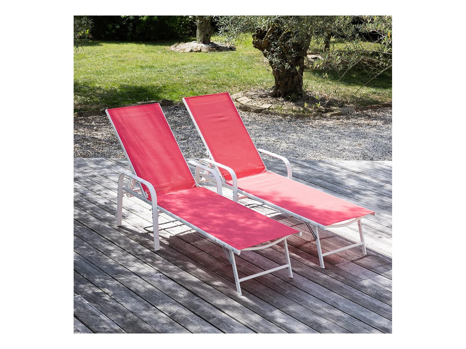 Lot de 2 bains de soleil SARDINIA en textilène rose - structure blanche - HAPPY GARDEN
