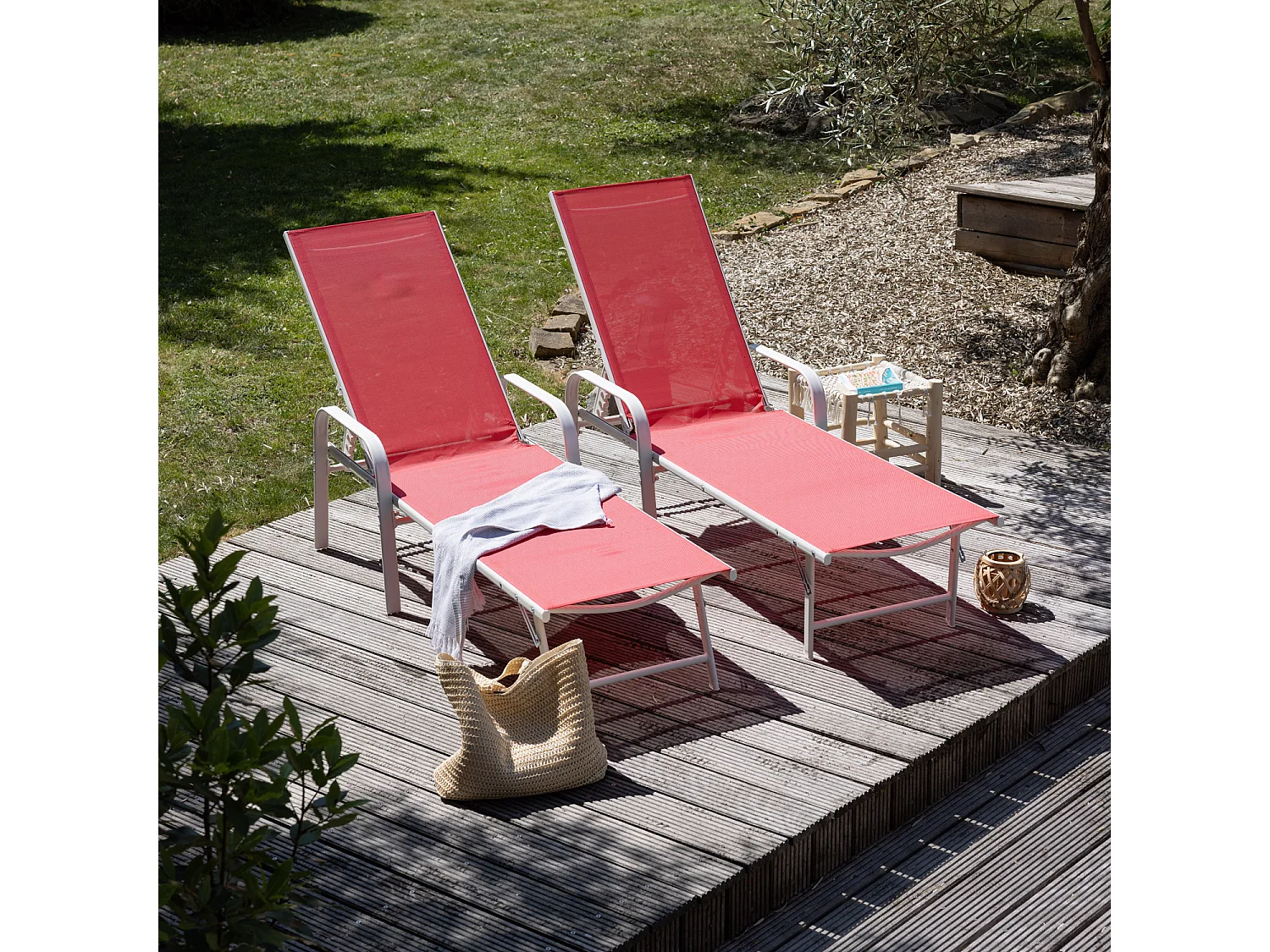 Lot de 2 bains de soleil SARDINIA en textilène rose - structure blanche - HAPPY GARDEN