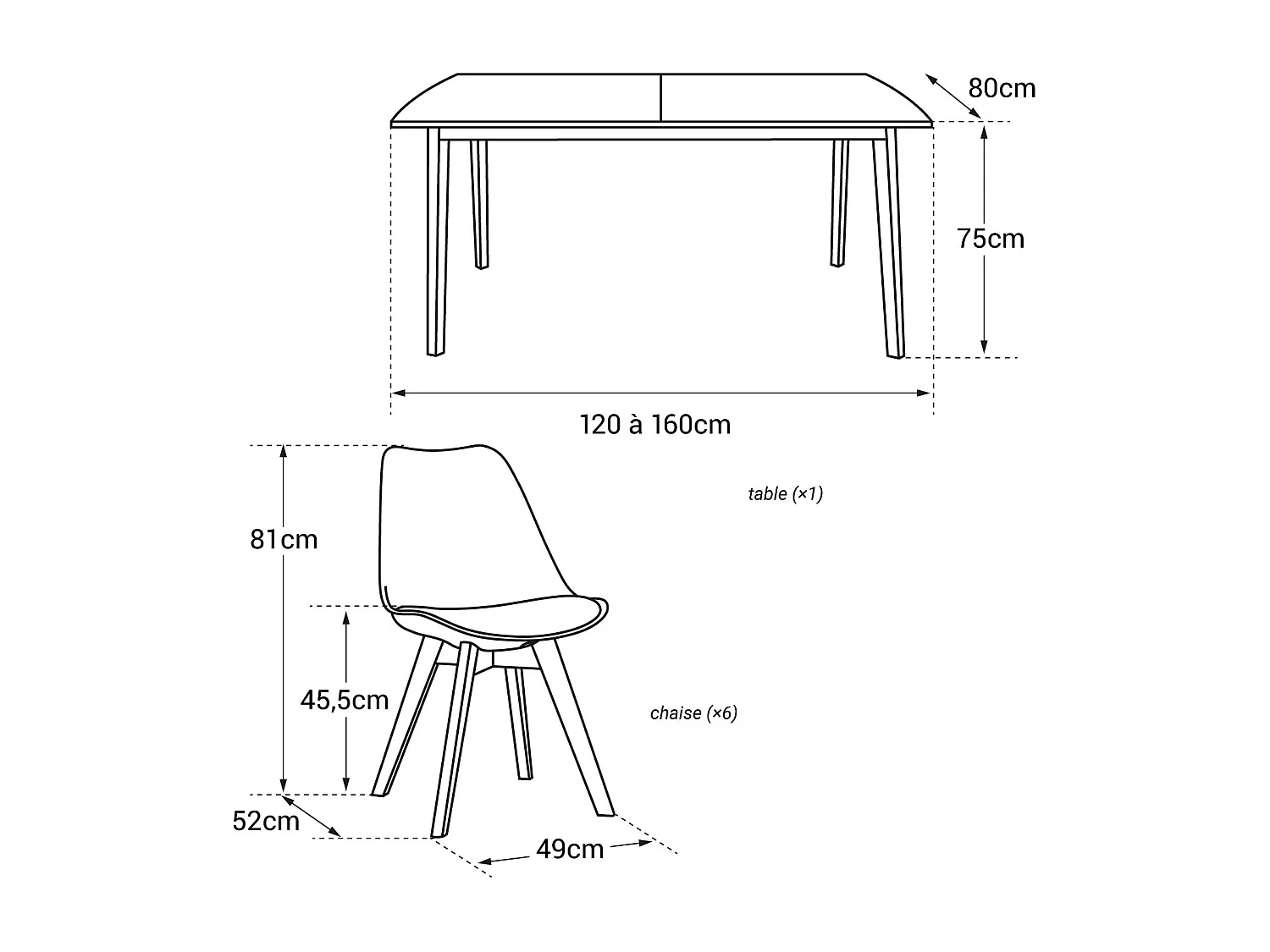 Uittrekbare tafel 120/160cm HELGA en 6 stoelen NORA zwart