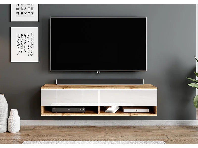 FURNIX meuble tv/ meuble tv suspendu Alyx 140 x 32 x 34 cm style industriel chêne wotan mat/ blanc brillant sans LED